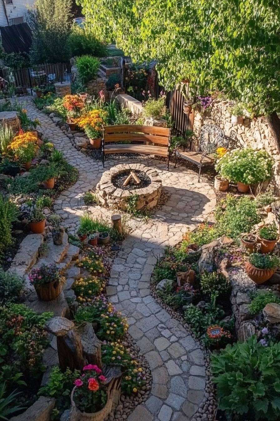 Design a Serene Garden Retreat with a Stone Path and Fire Pit