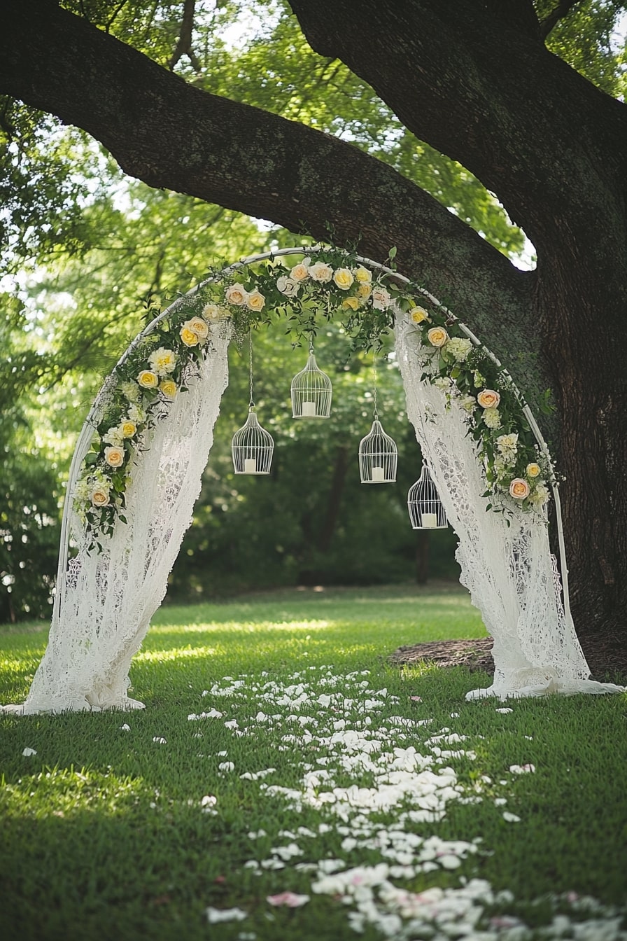 Design a Whimsical Arch with Lace and Birdcage Lanterns
