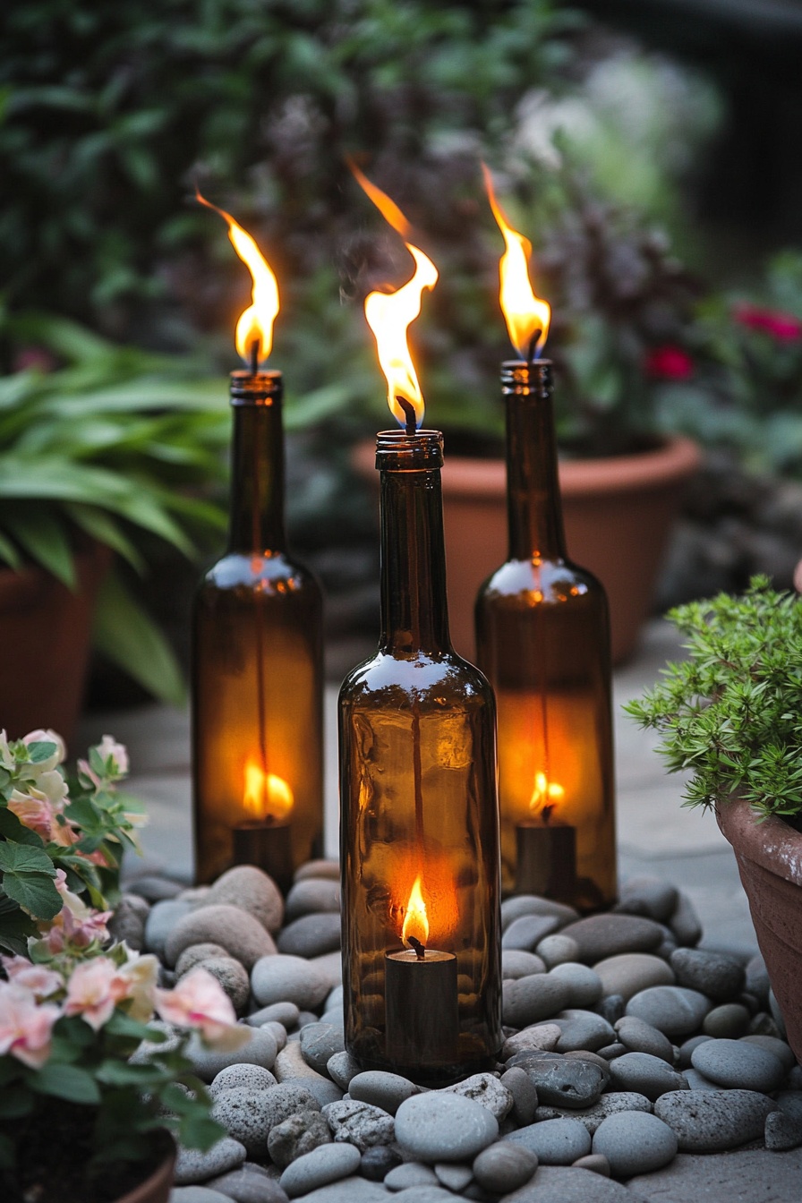 1. Repurpose Wine Bottles into DIY Garden Torches for Ambient Lighting