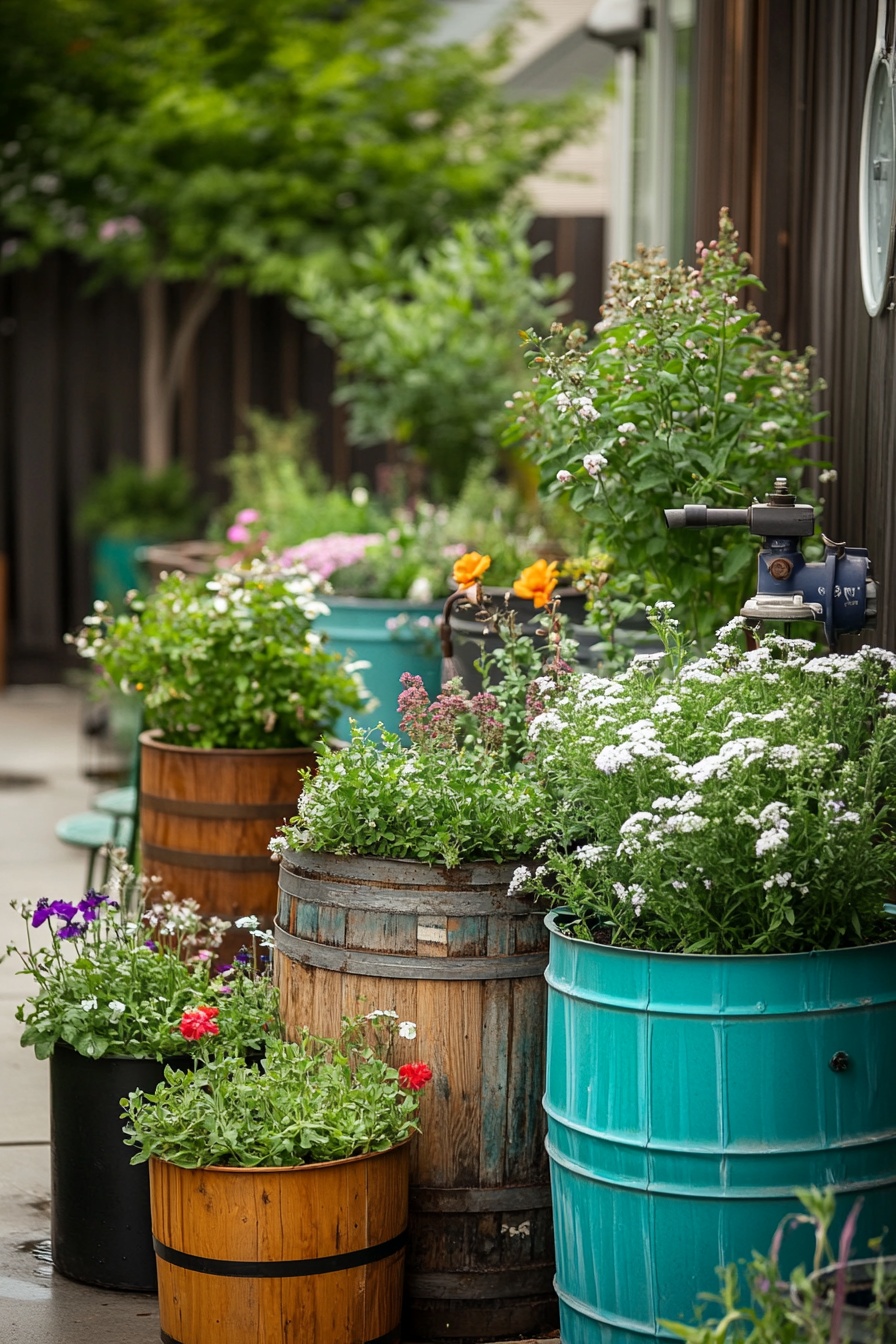 10. Decor Old Barrels and Drums into Rustic Garden Planters