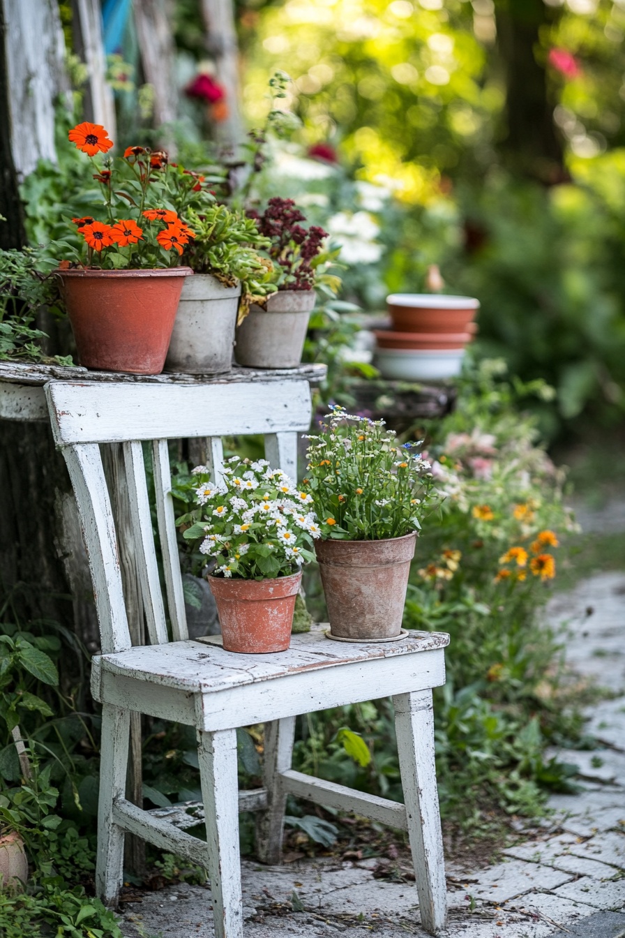 11. Turn an Old Wooden Chair into a Rustic Garden Planter Display