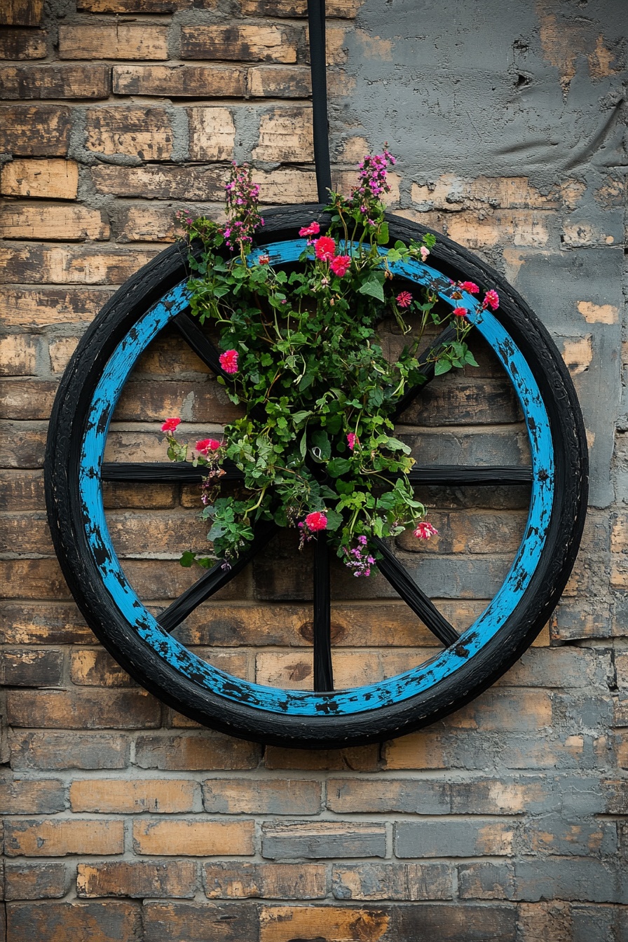 12. Upcycle an Old Wagon Wheel into a Vertical Garden Accent