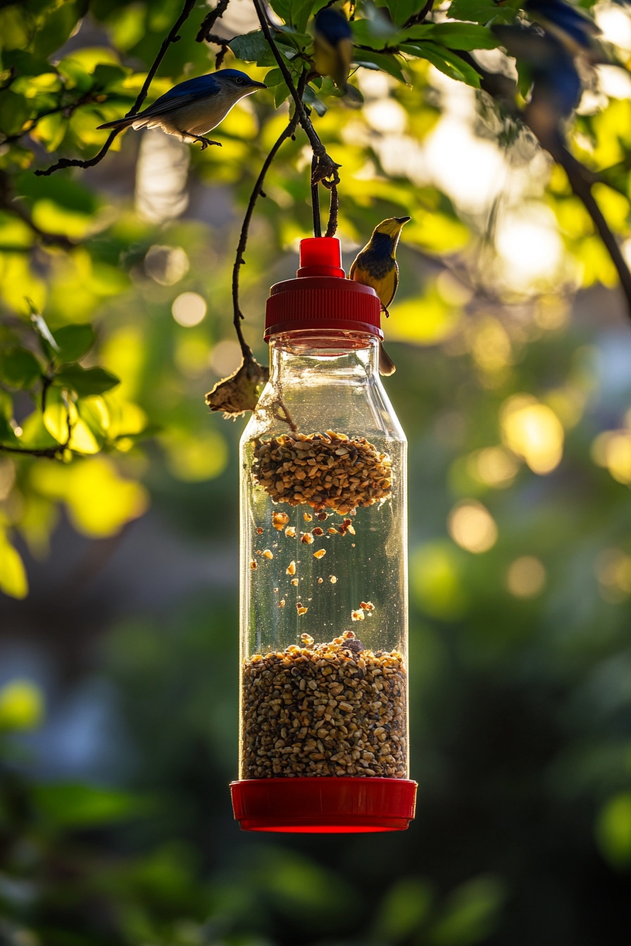 13. Convert a Plastic Bottle into a DIY Hanging Bird Feeder