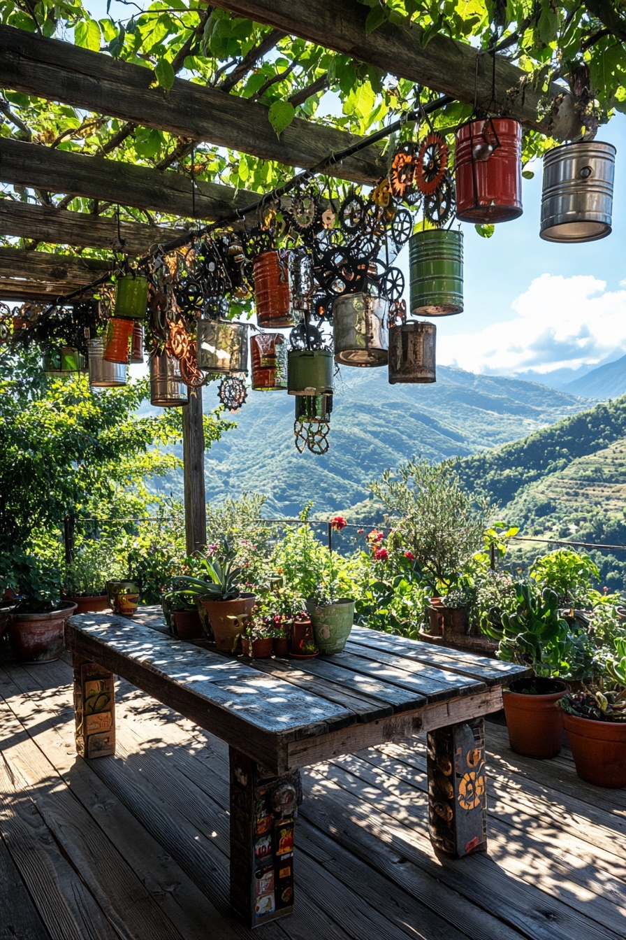 14. Transform Tin Cans and Scrap Metal into a Whimsical Pergola Decoration