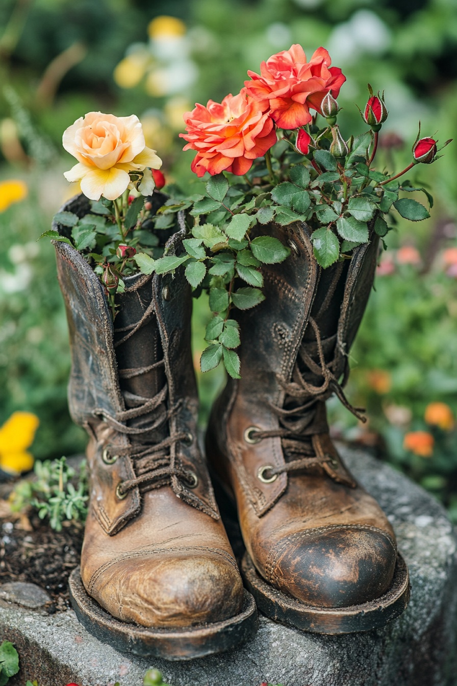 15. Give Worn-Out Boots a Second Life as Rustic Flower Planters