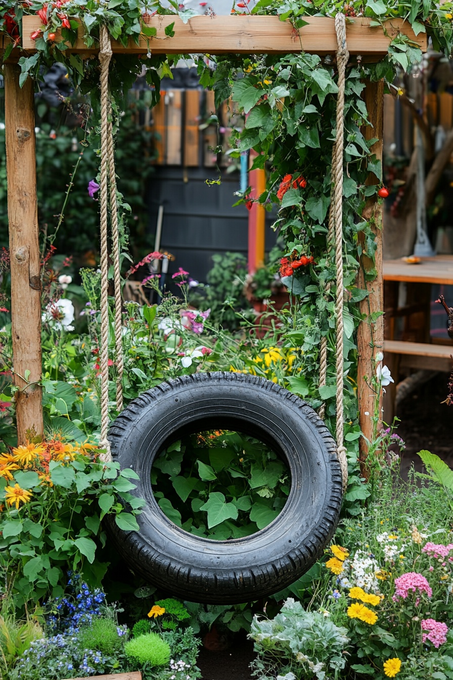 2. Mold an Old Tire into a Charming Garden Swing