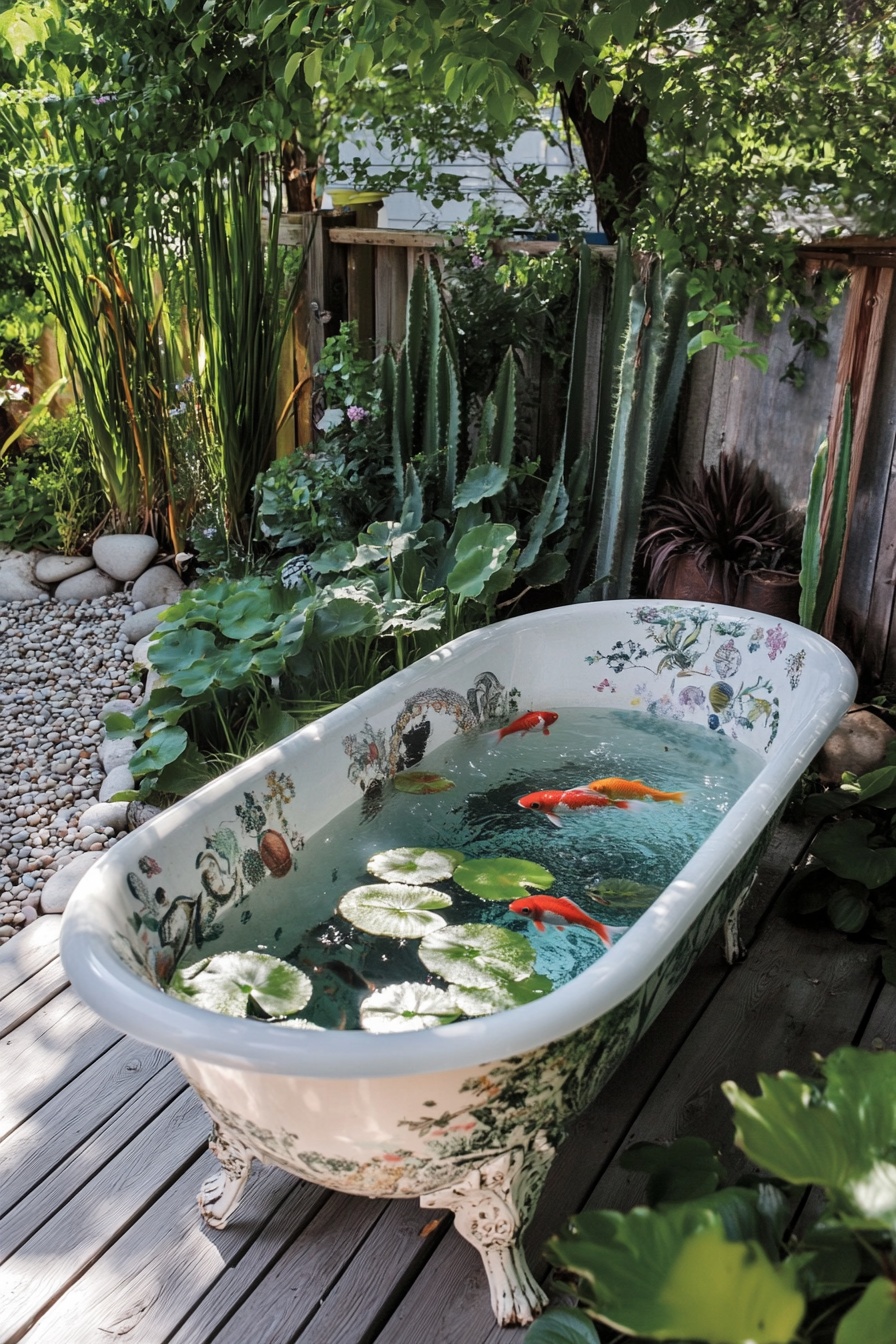 7. Transform a Vintage Bathtub into a Stunning Backyard Koi Pond