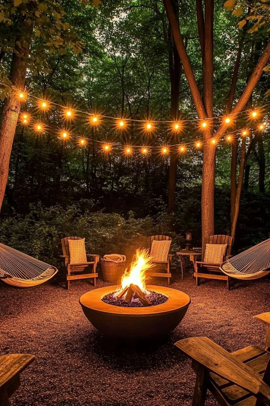 Woodland Retreat with a Cozy Fire Pit Setup