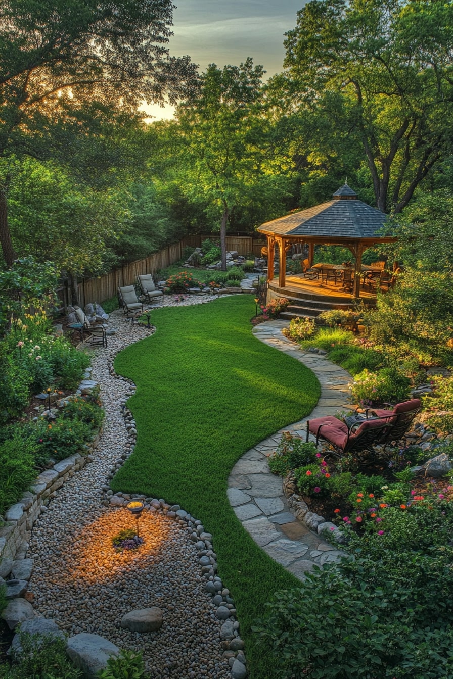 Design a Serene Backyard Retreat with a Gazebo and Stone Pathways