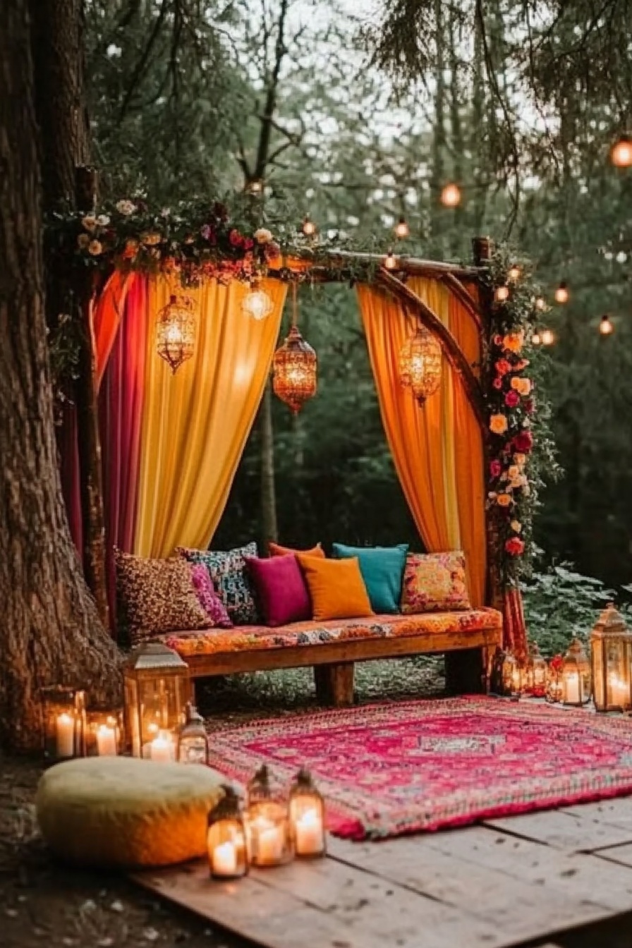 Bohemian Garden Wedding Lounge with Vibrant Drapery