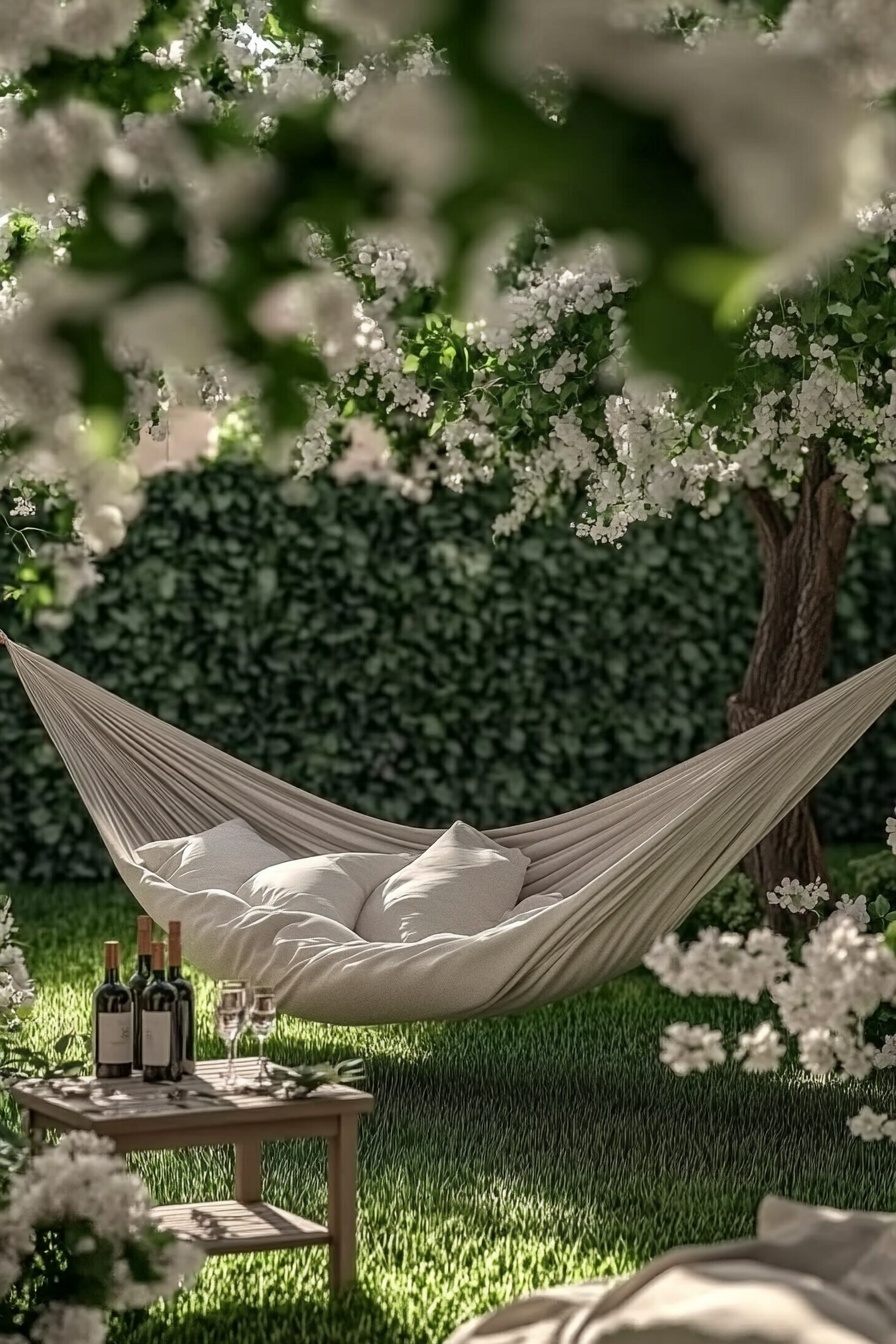 Tranquil Hammock Retreat Under Blooming Trees