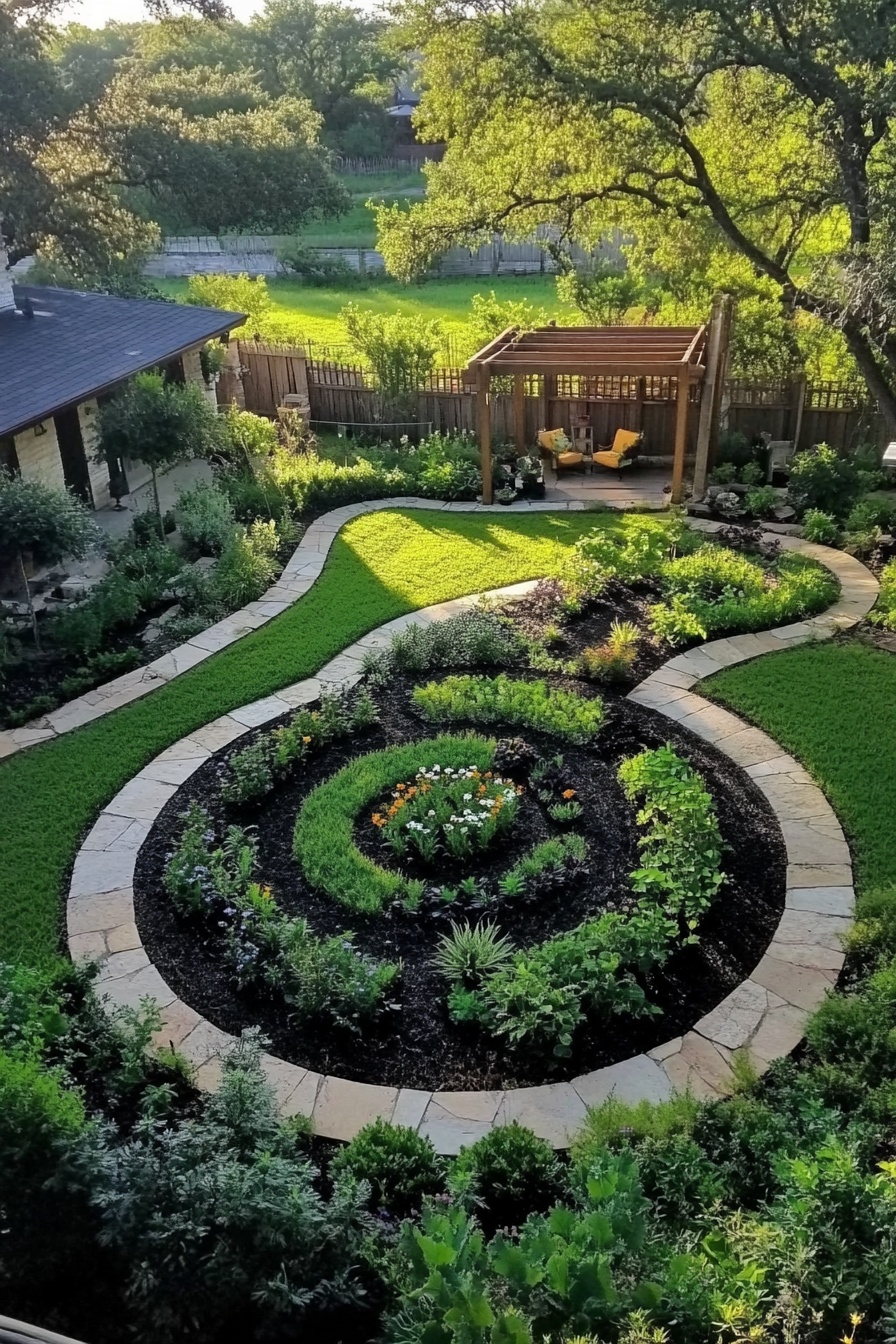 Whimsical Garden with a Spiral Planting Design