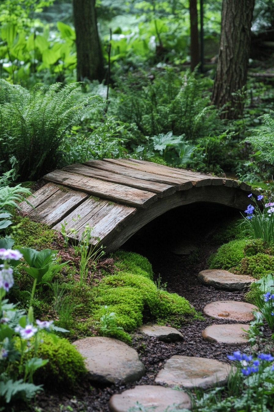 rustic footbridge over mossy
