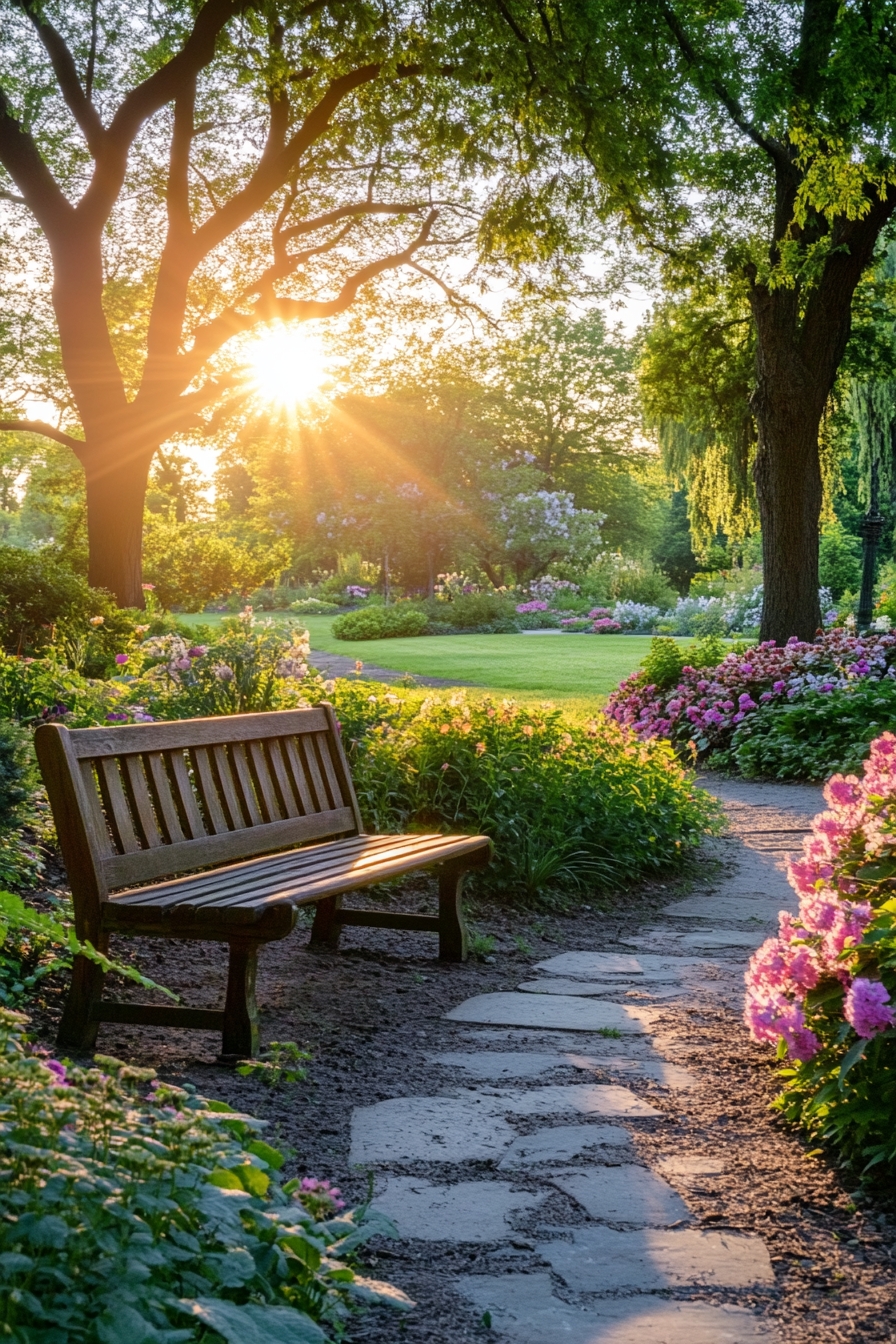 blooming flowers and stone path