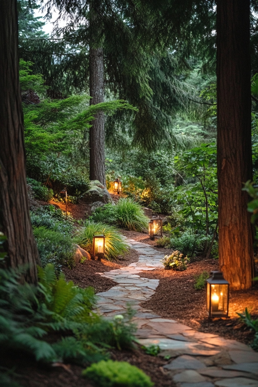 softly lit woodland garden