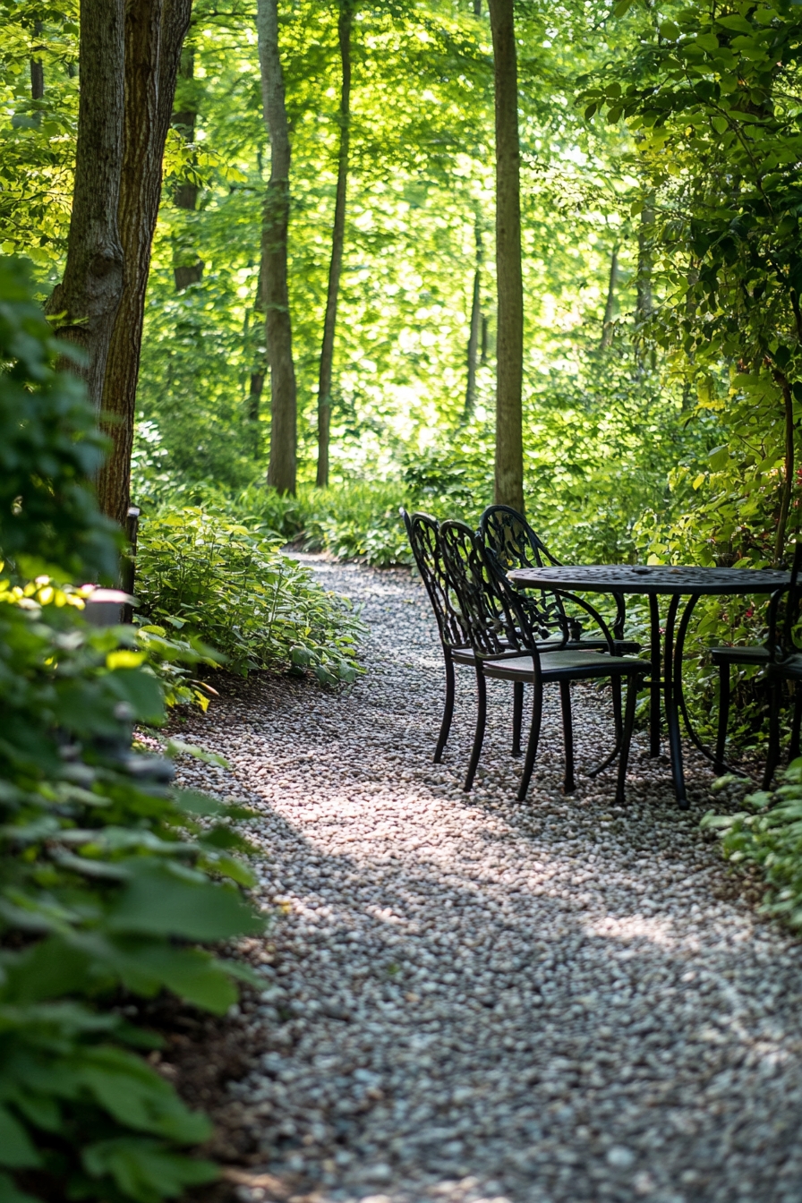 wrought iron seating in a woodland garden