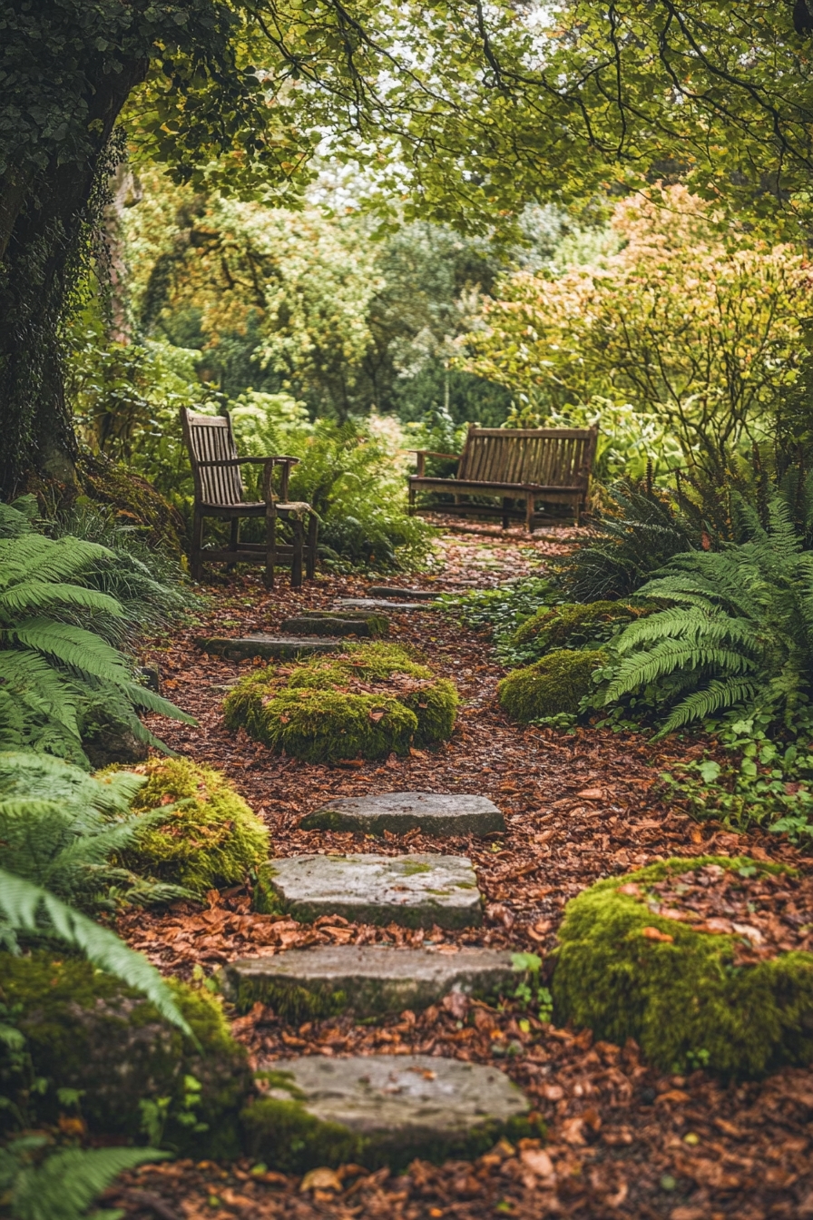 mossy stones and rustic benches