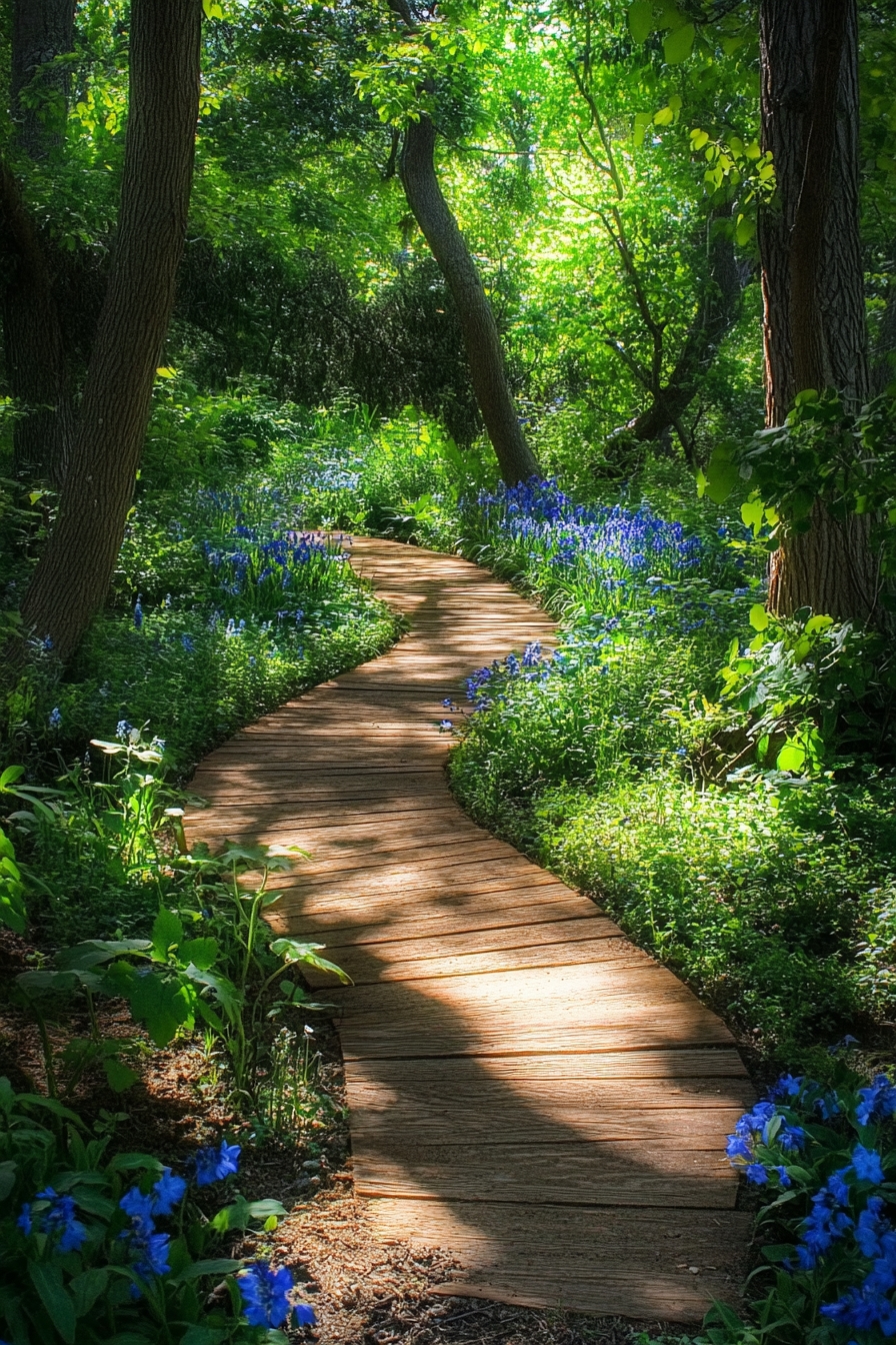 sunlit woodland garden with blooming wildflowers