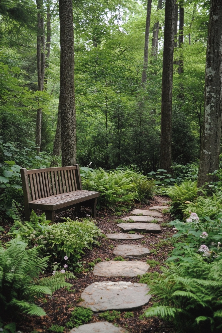Peaceful stone path with garden bench