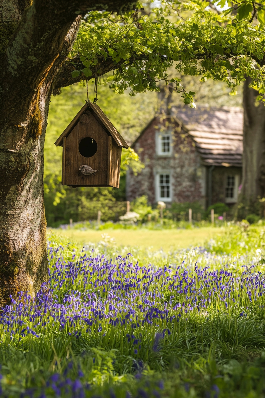 hanging birdhouse and blooming bluebells