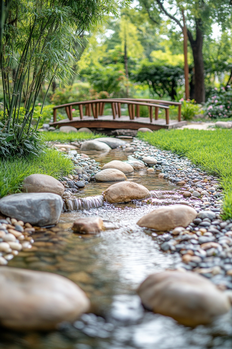 Peaceful woodland garden stream with