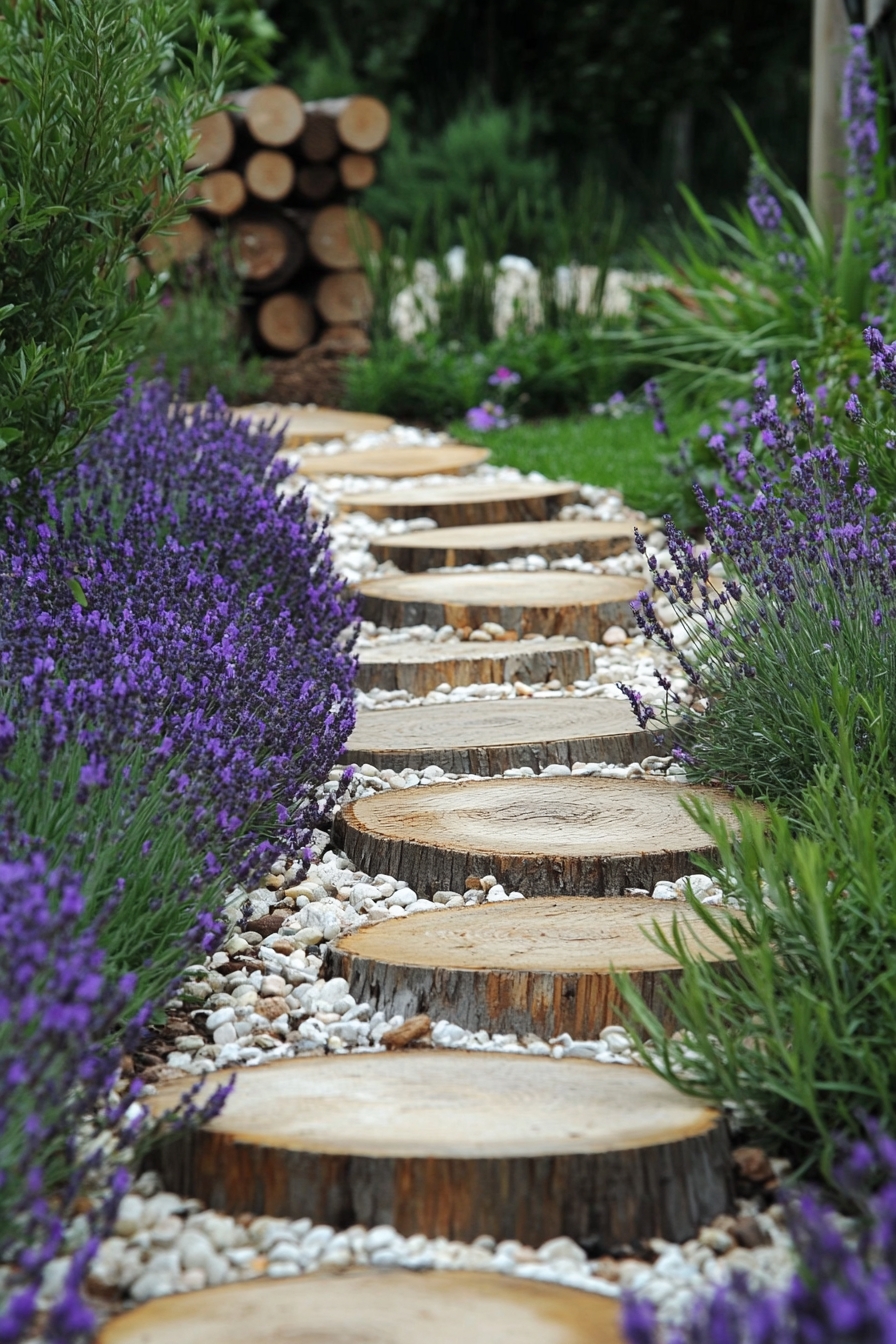 blooming lavender and garden stones
