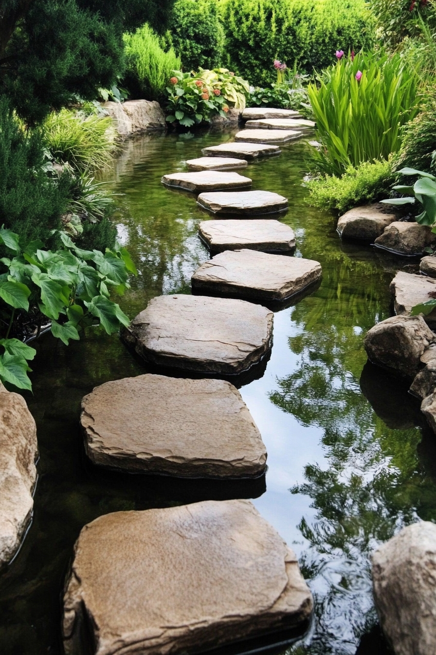 stone stepping path across a peaceful garden