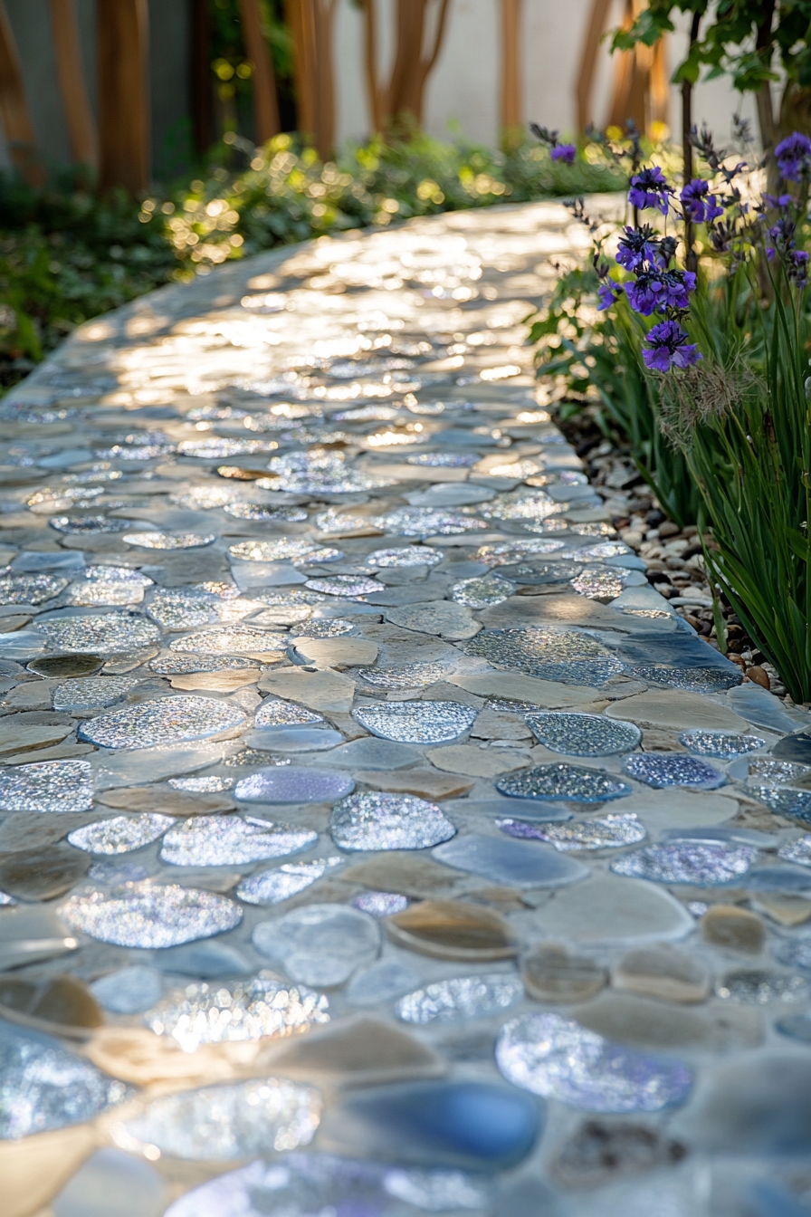 iridescent glass inlays and natural stone