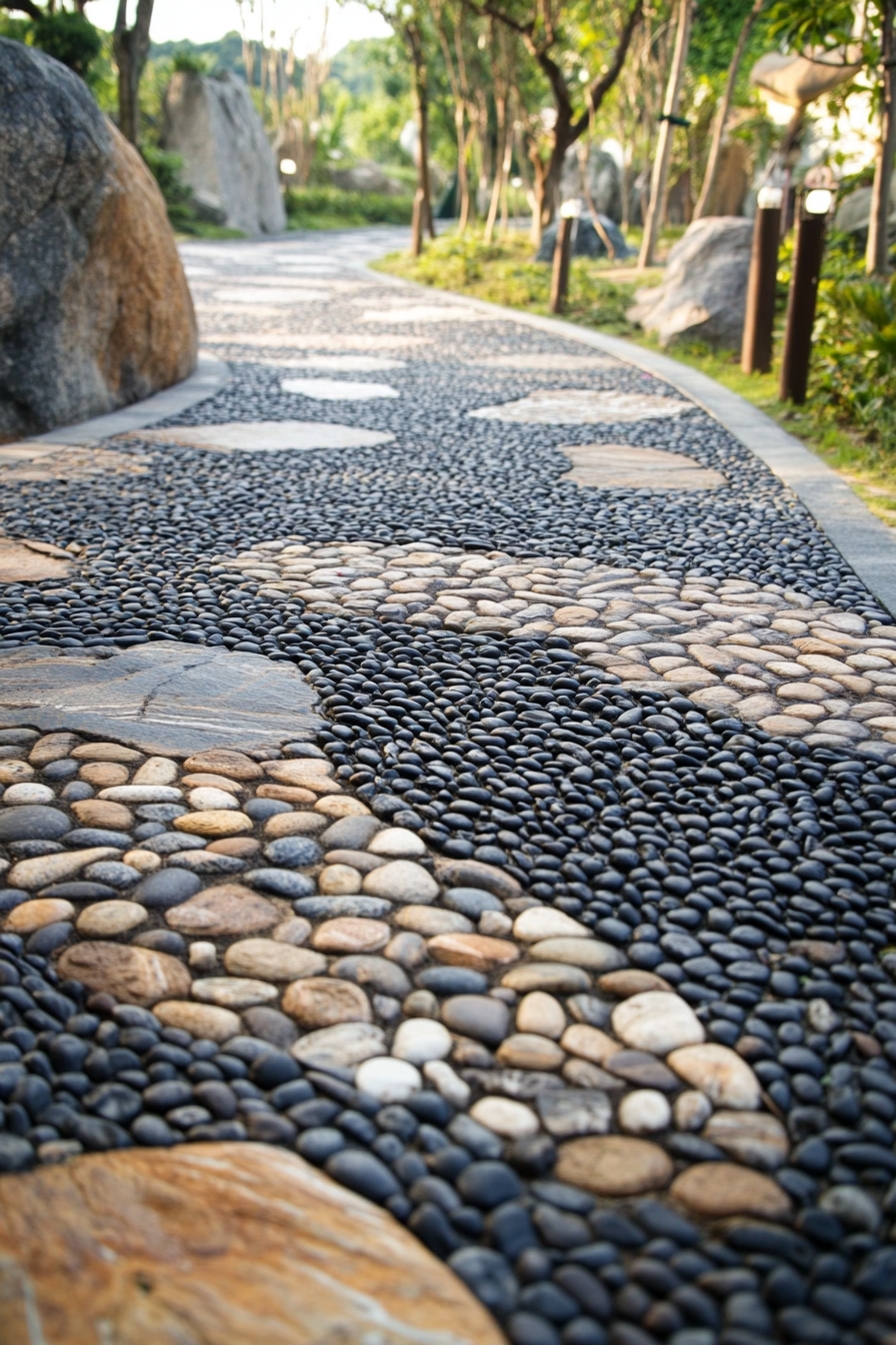 Smooth river rock and pebble mosaic pathway