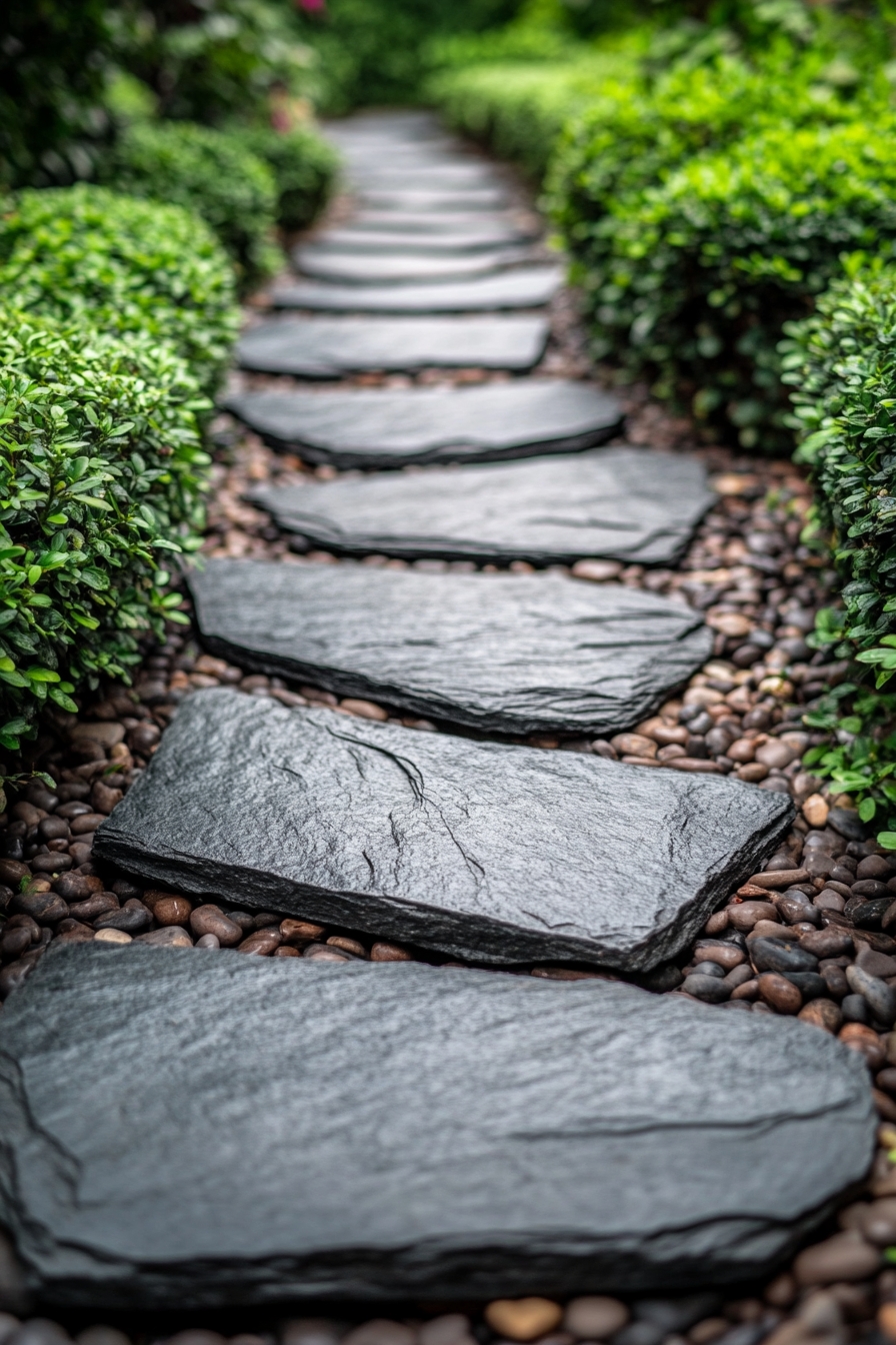 Sleek dark stone garden path lined