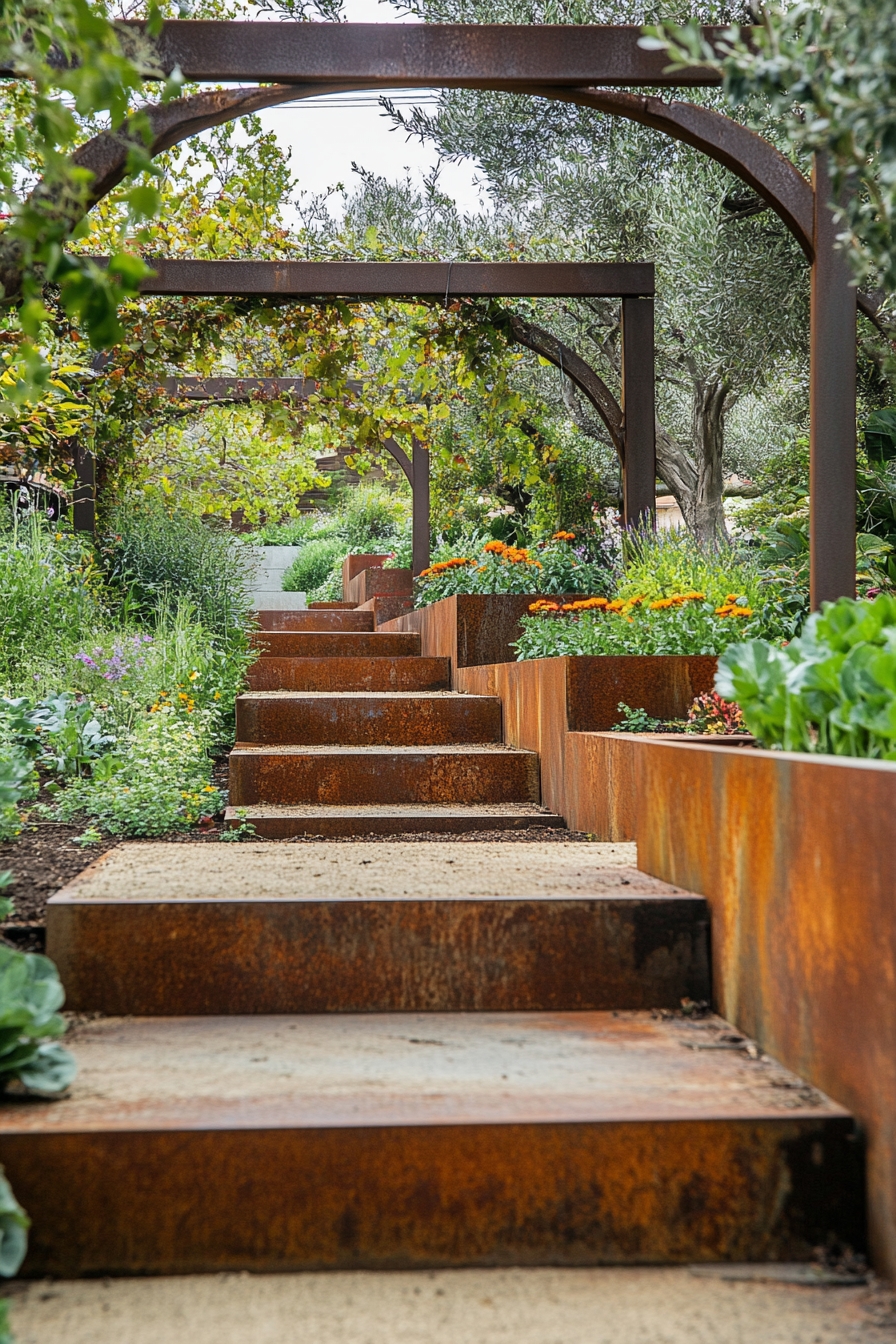 corten steel and lush landscaping
