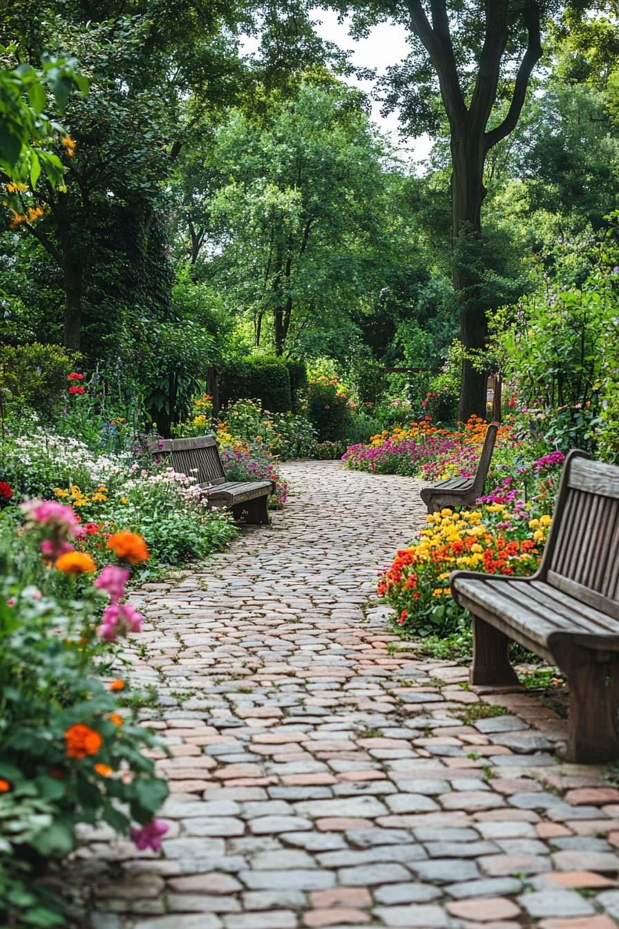 vibrant floral borders and wooden benches