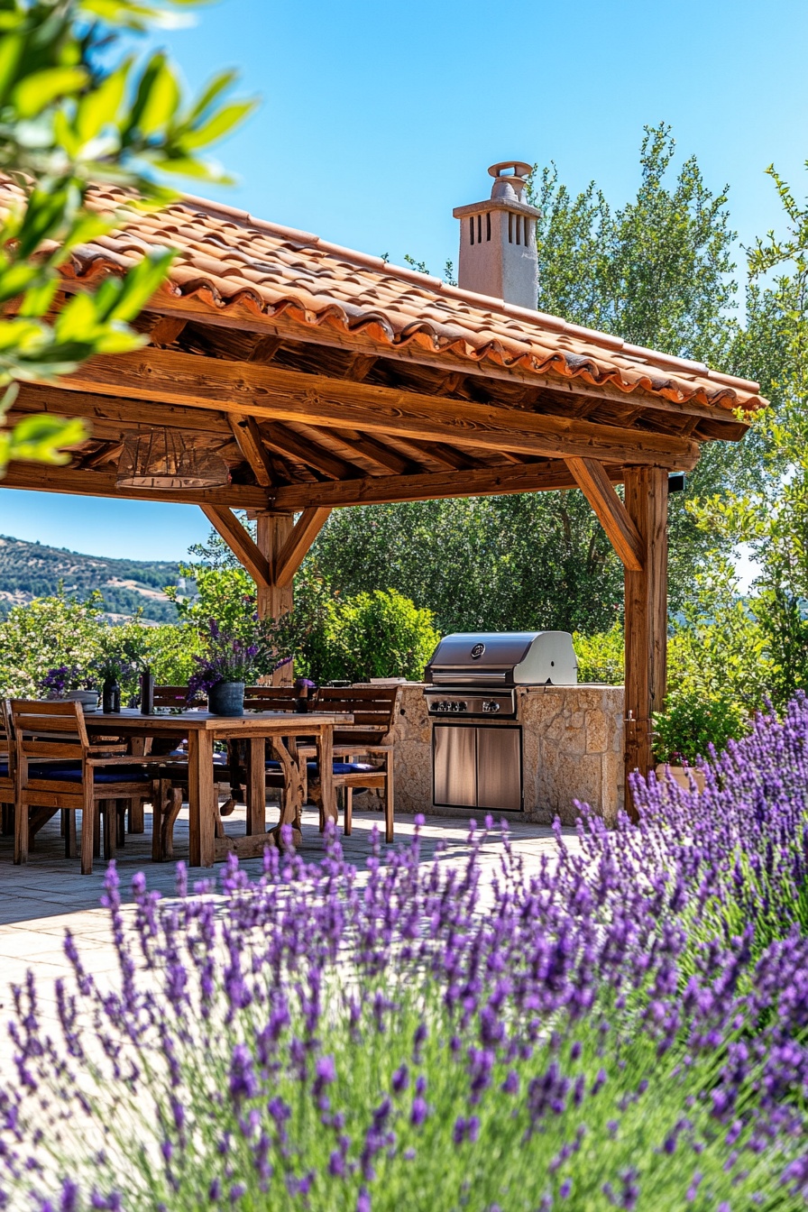 13. Rustic Wooden Pergola with a Tiled Roof Shade