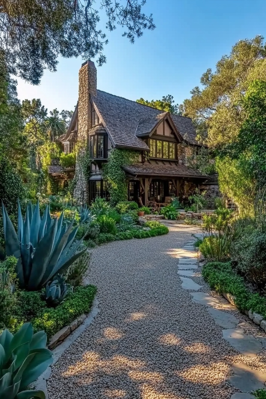 Rustic Driveway with Gravel and Lush Greenery