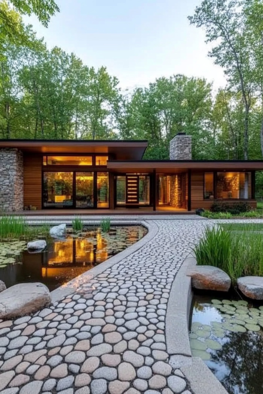 Serene Driveway with a Pebble Pathway Over Water