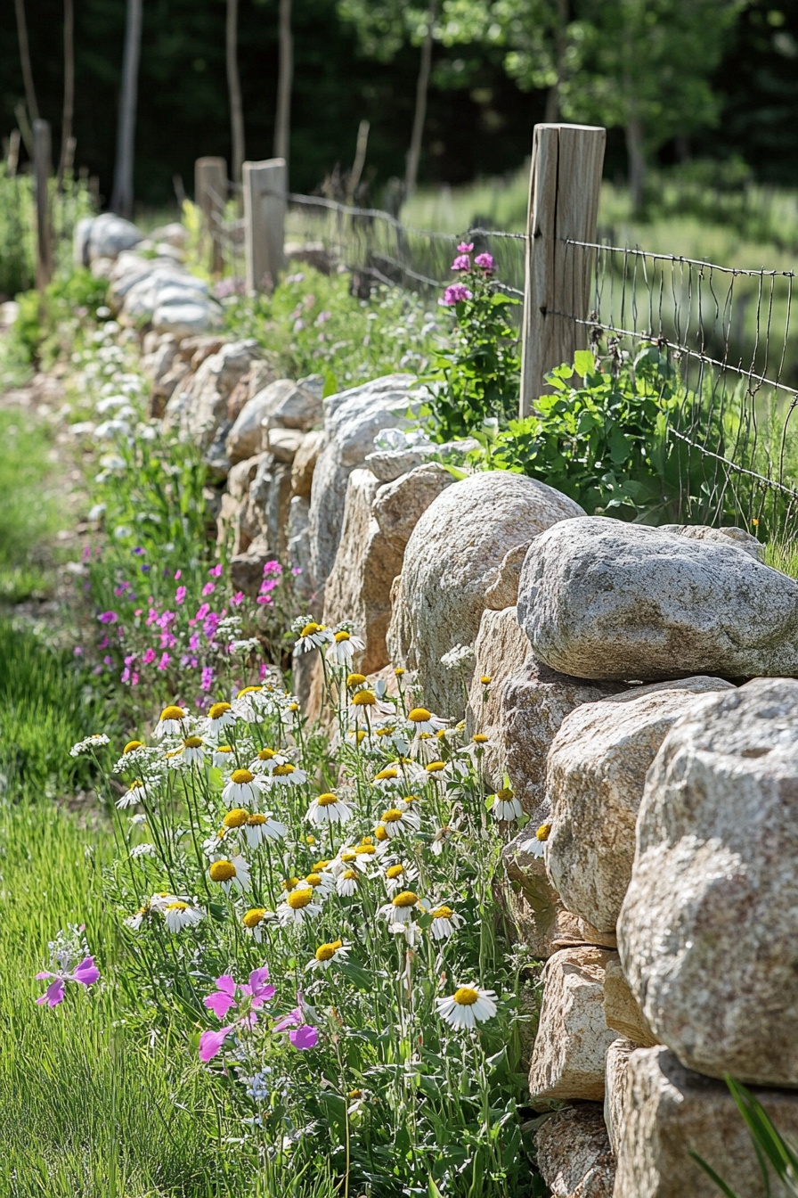 Rustic Gabion Fence and Wildflowers