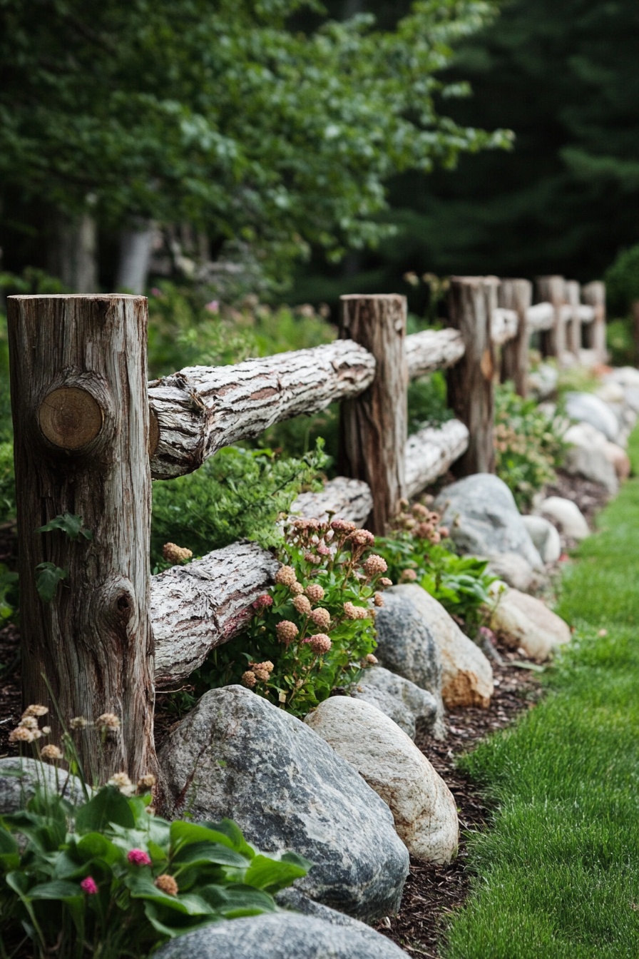 Define Your Garden with a Rustic Log and Stone Border