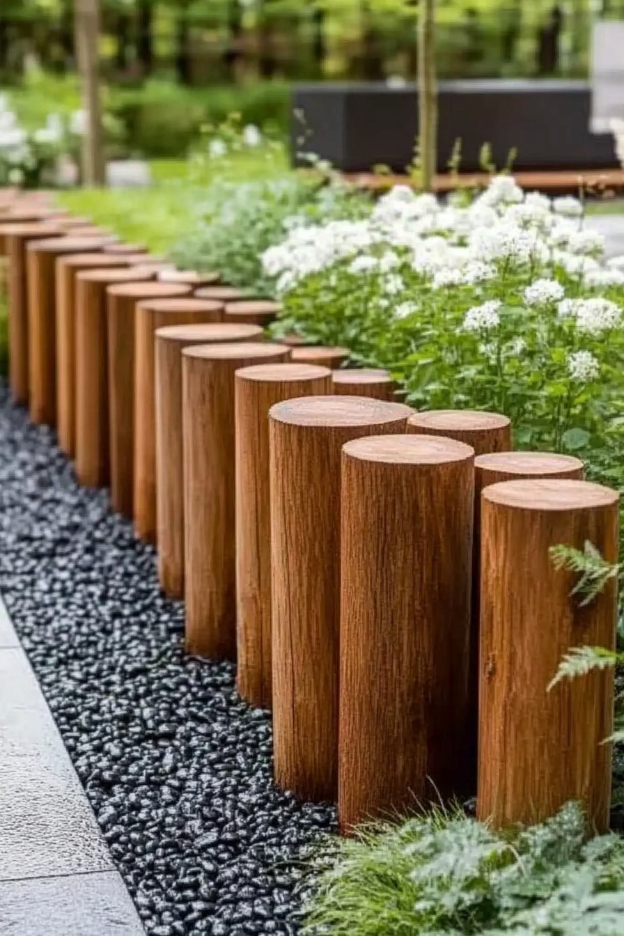 Natural wood log garden edging