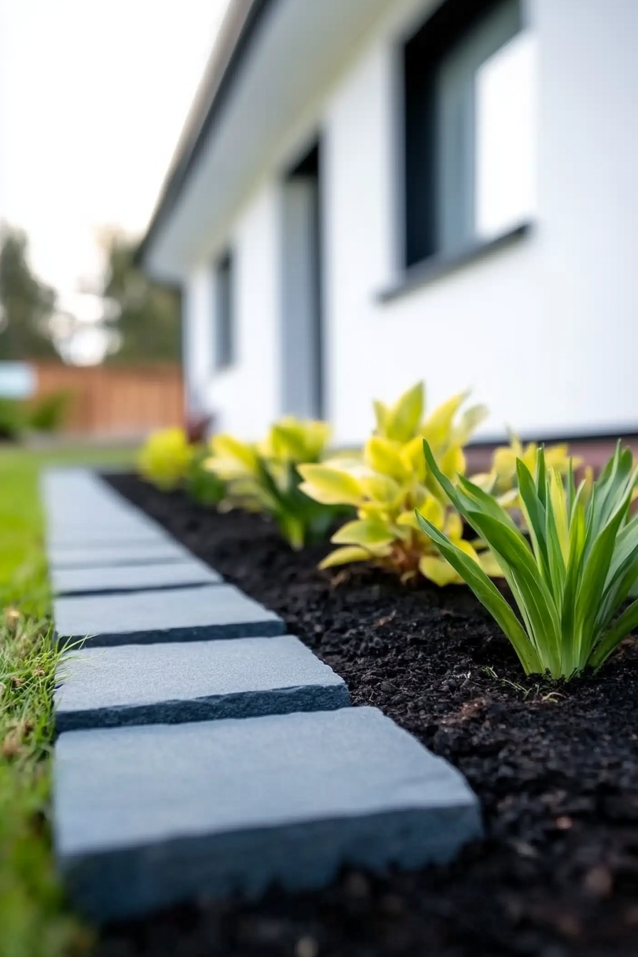slate block edging for clean garden