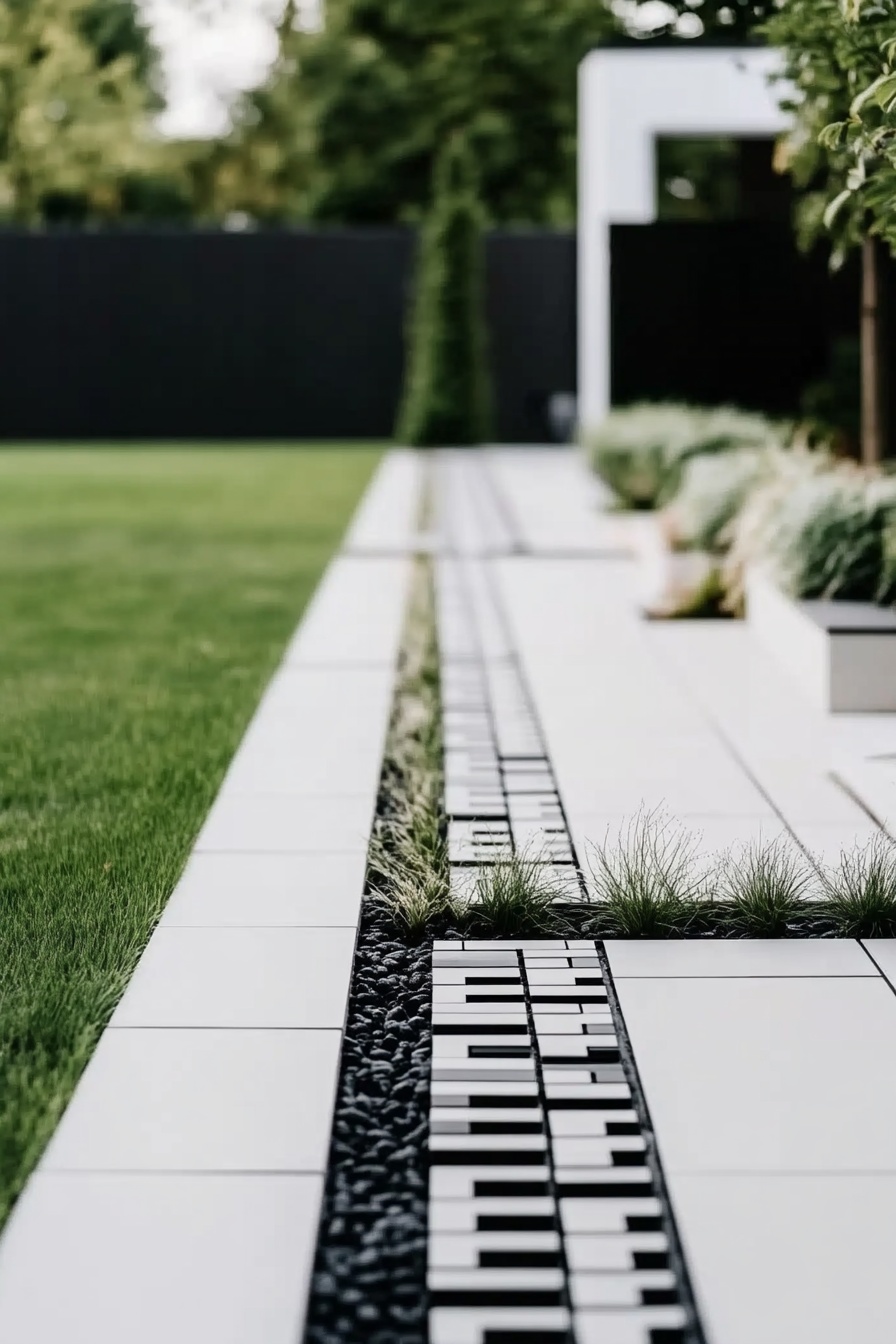 Geometric black and white tile garden