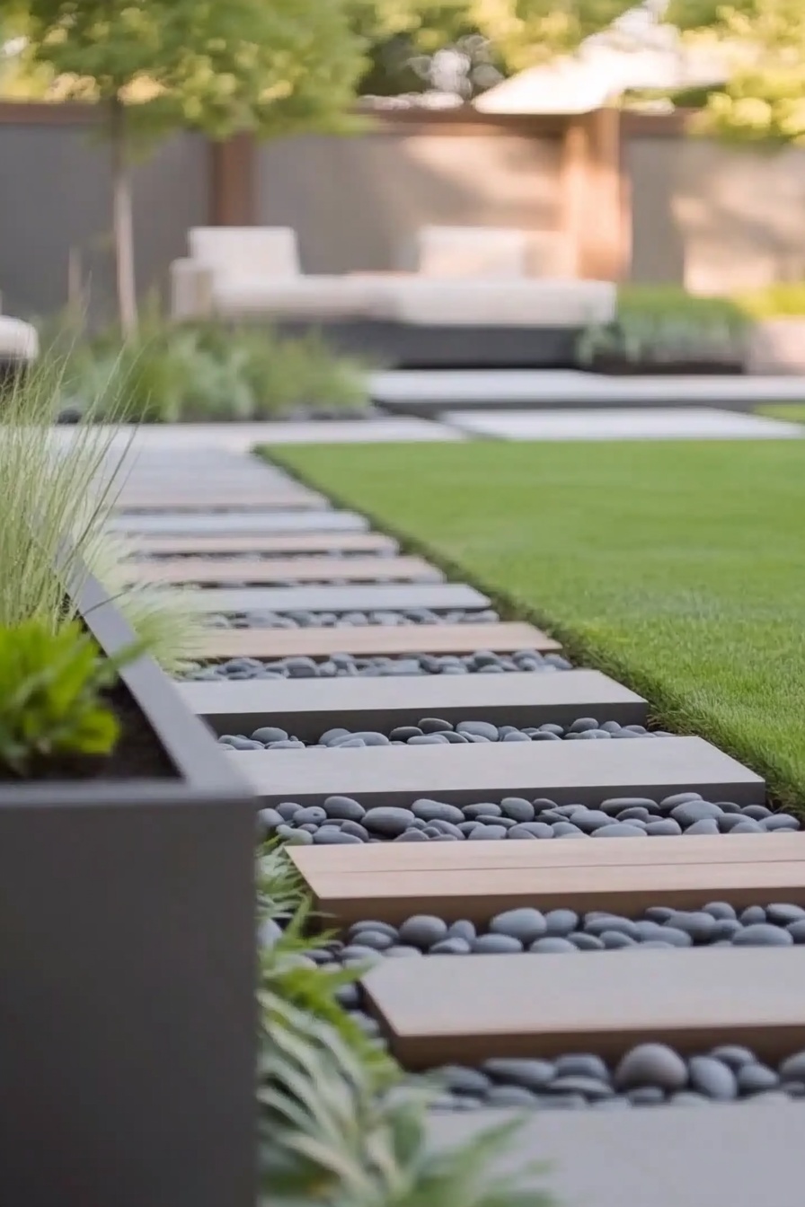 Contemporary stone and pebble pathway