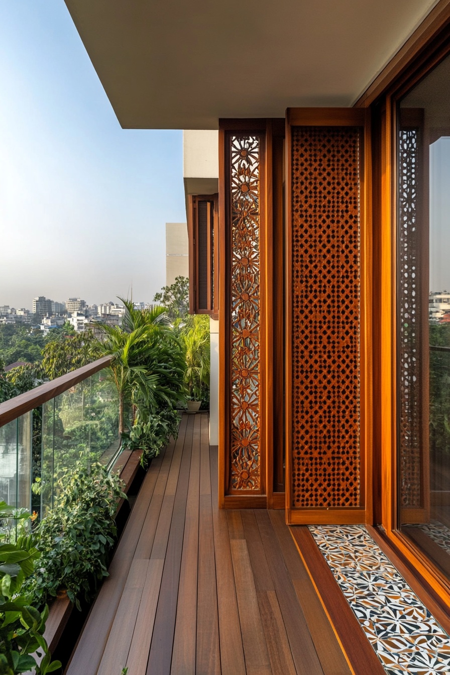 Narrow Balcony with Wooden Accents and Lush Greenery