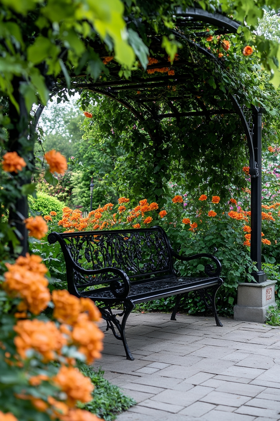 Garden Retreat with an Ornate Cast Iron Bench