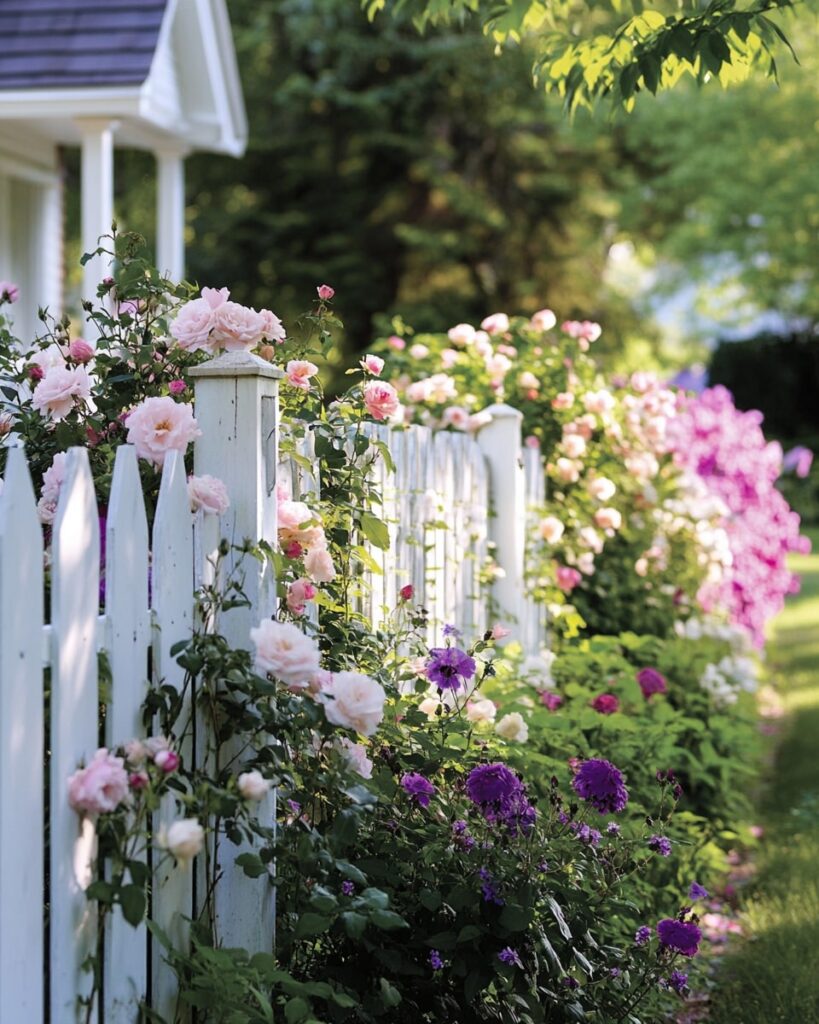 White Picket Fence with Blooming Rose Borders