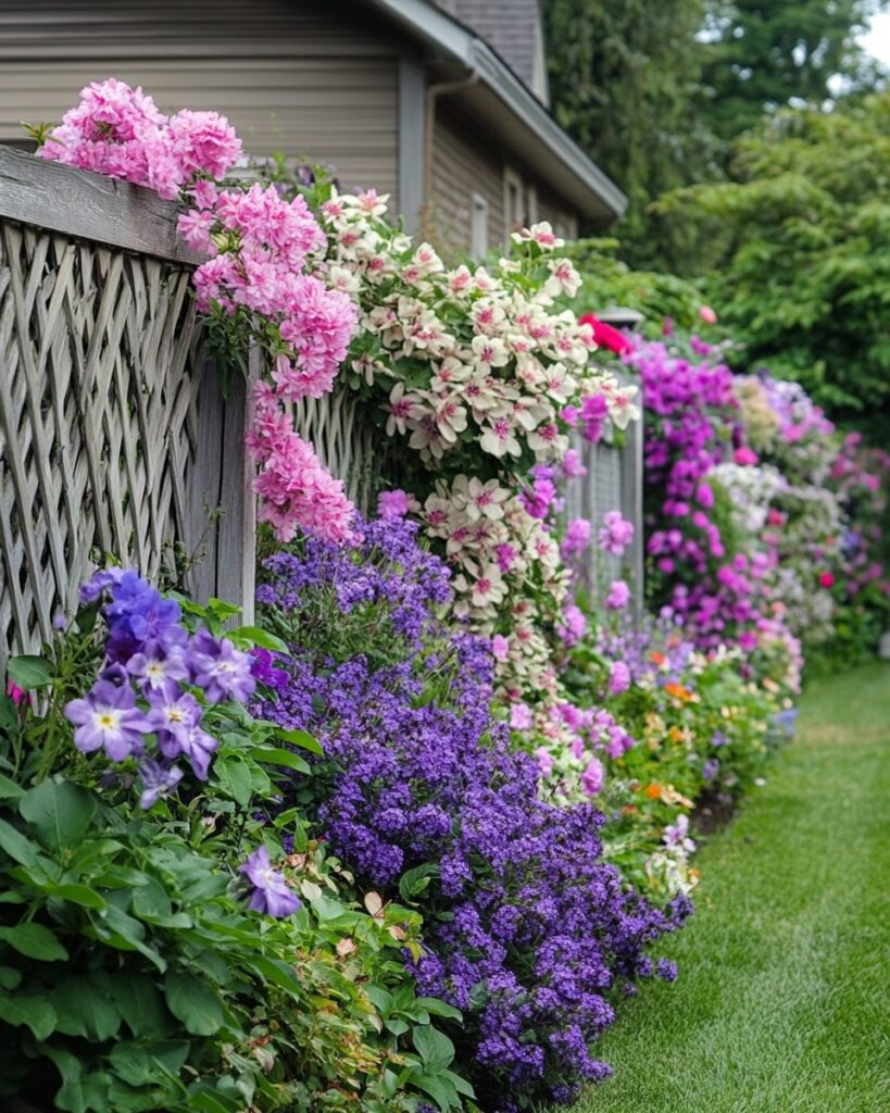 Climbing Clematis and Bold Borders Along Lattice Fencing