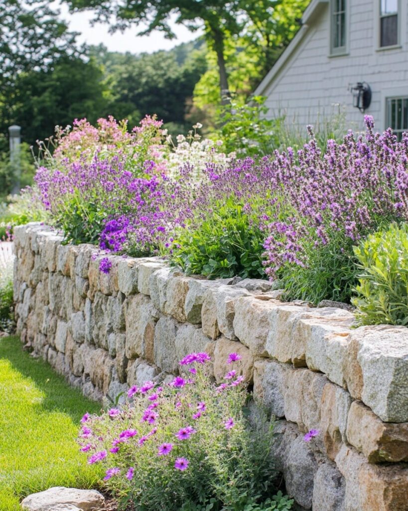 Stone Wall Elegance with Lavender Blooms
