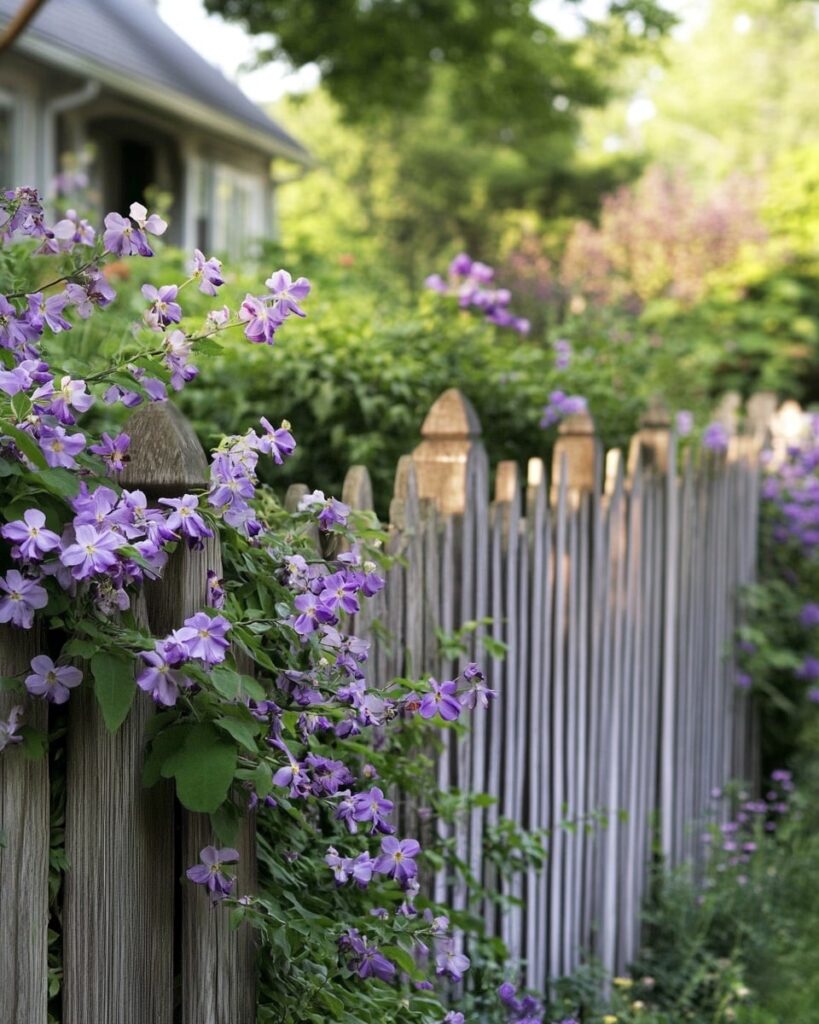 Clematis Vines on Weathered Wooden Fencing