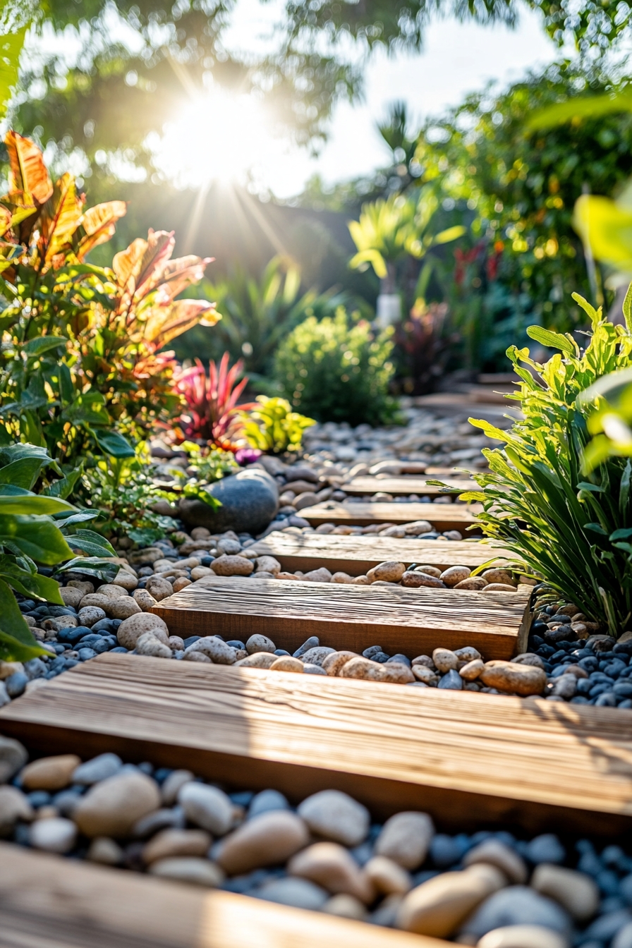 Tranquil Wood and Pebble Garden Pathway