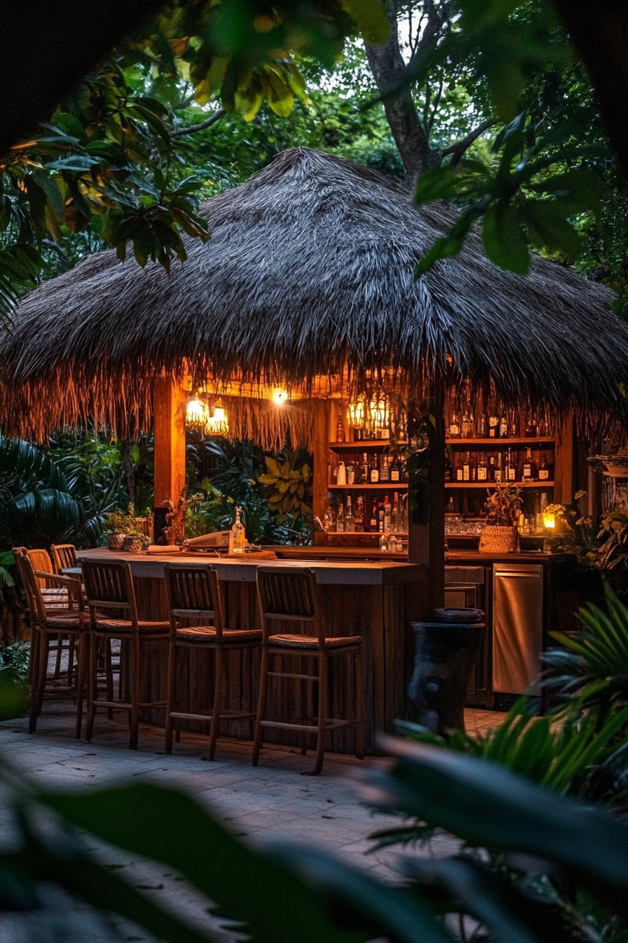 Outdoor Evenings with a Rustic Tiki Bar Setup