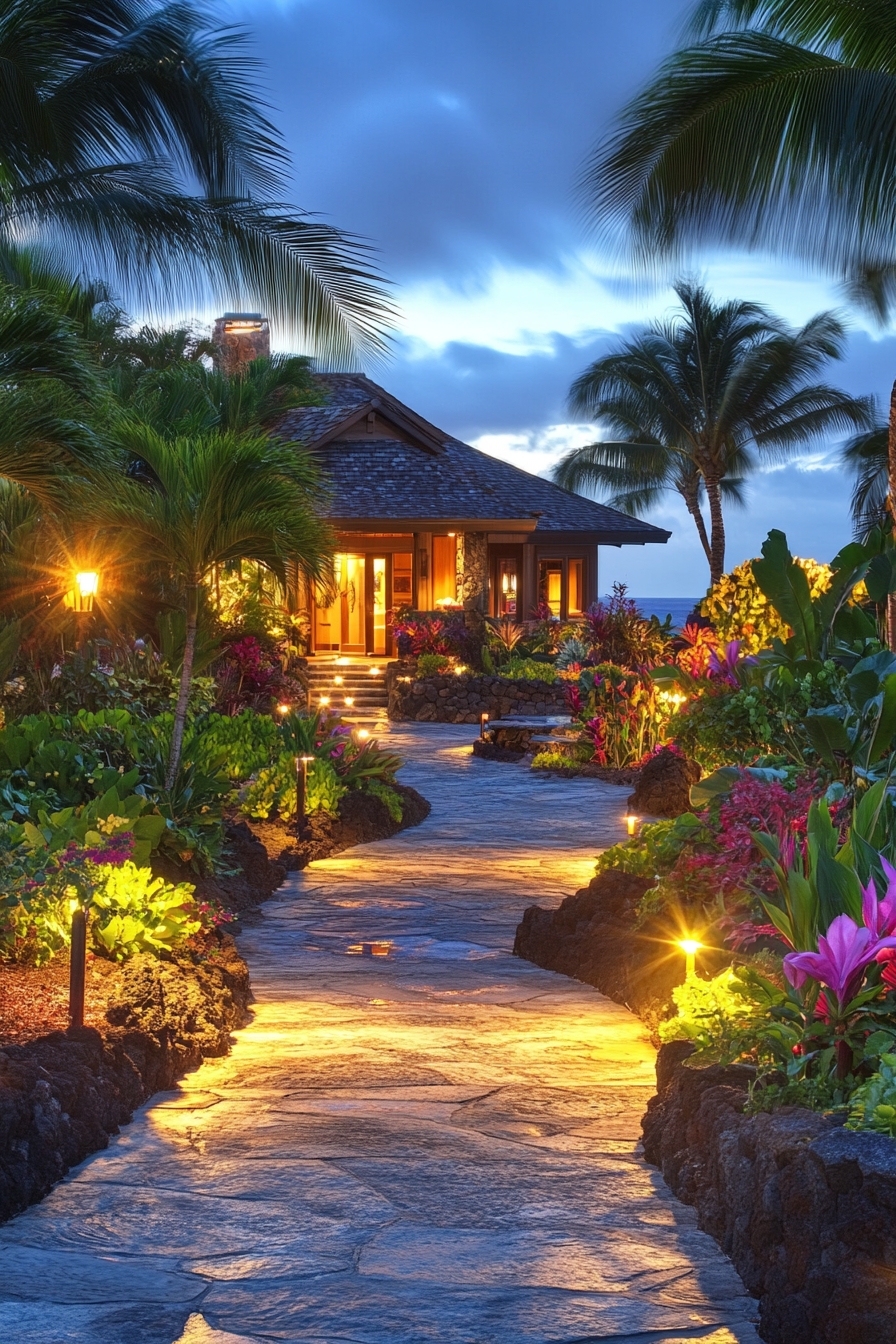 Tropical Garden with a Dramatic Lit Path